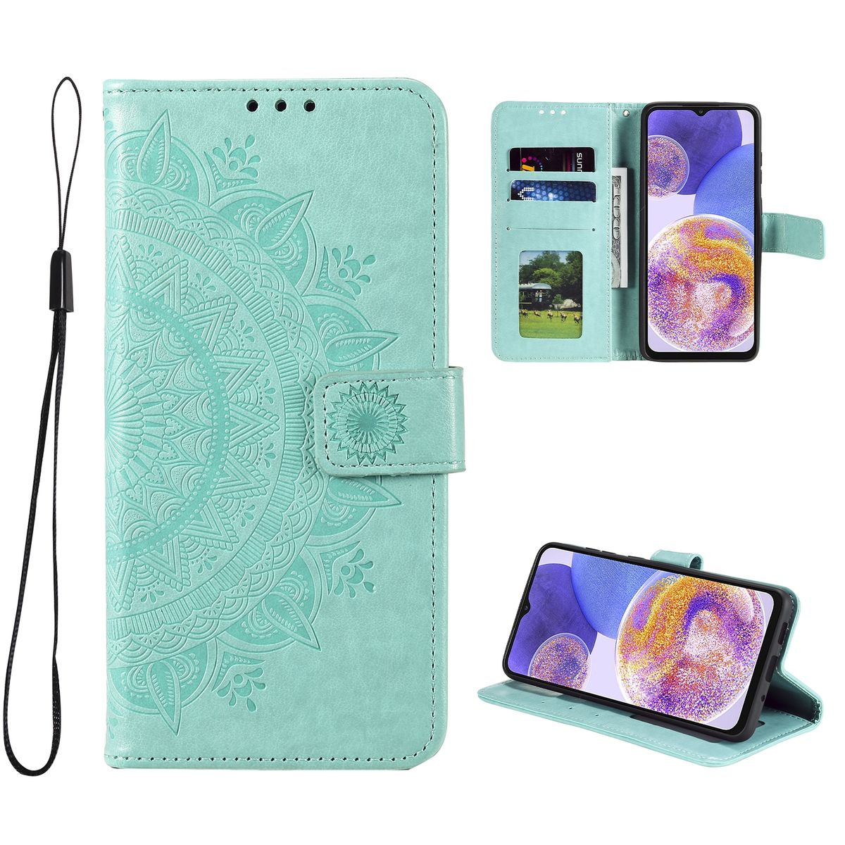 Minzgrüne Brieftaschen-Handyhülle offen, mit Design. Das Telefon wird in einem Winkel angezeigt.