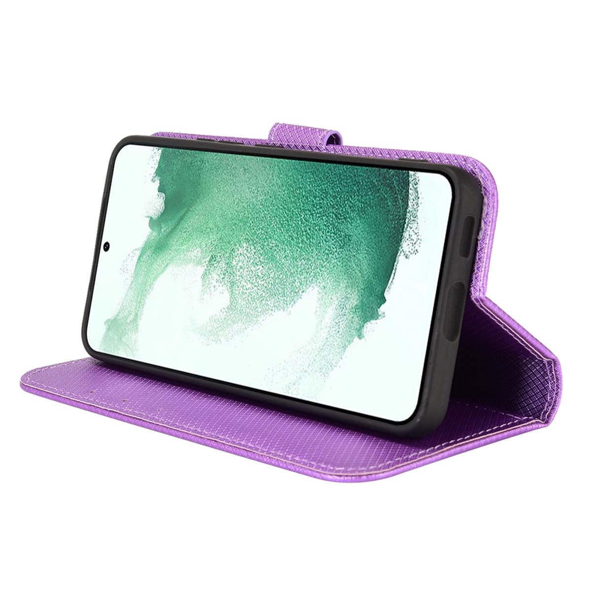 Lila Handyhülle mit dem Telefon darin, hochgestellt, um den Bildschirm anzuzeigen.