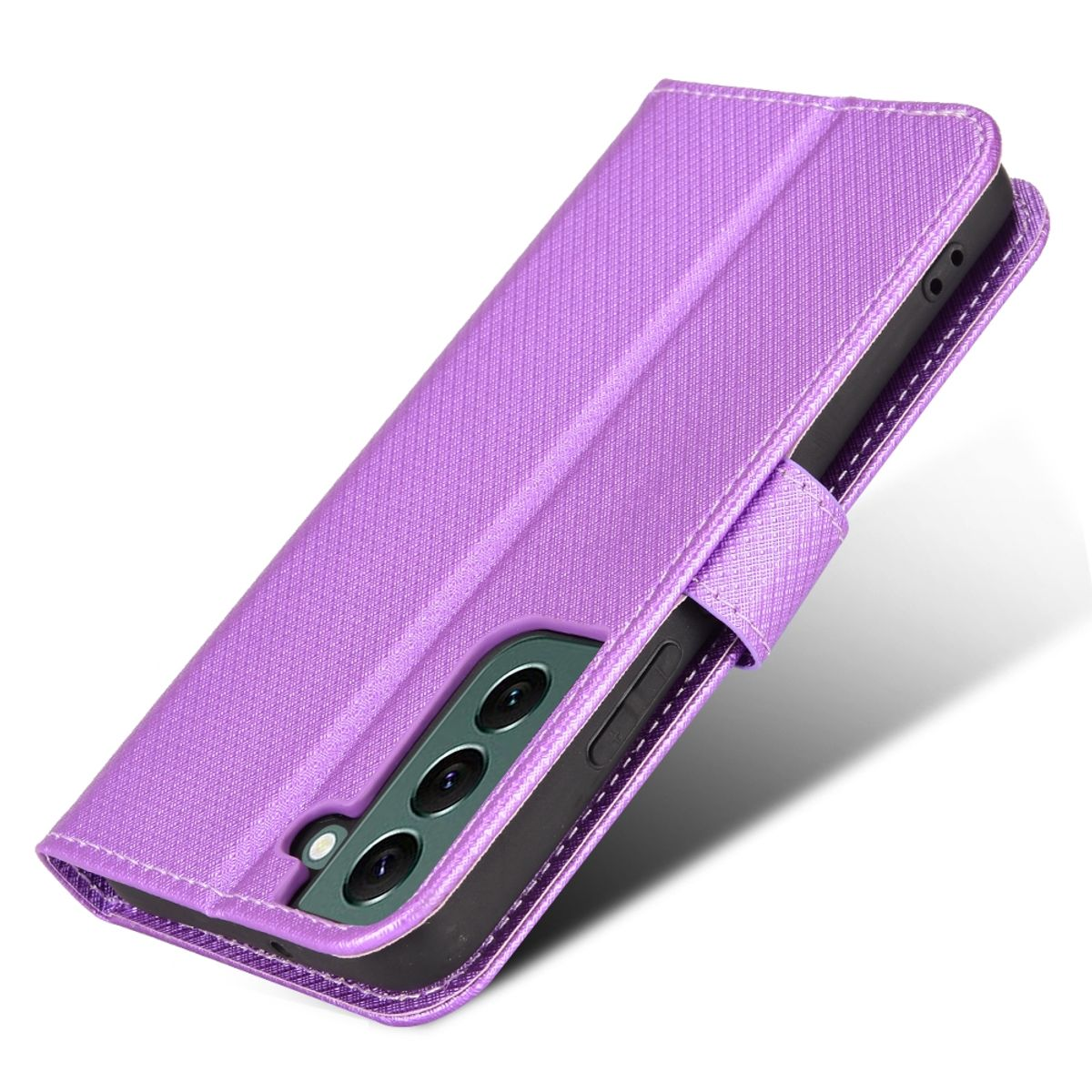 Lila Handyhülle, offen. Das Telefon ist innen. Die Hülle hat eine strukturierte Oberfläche.