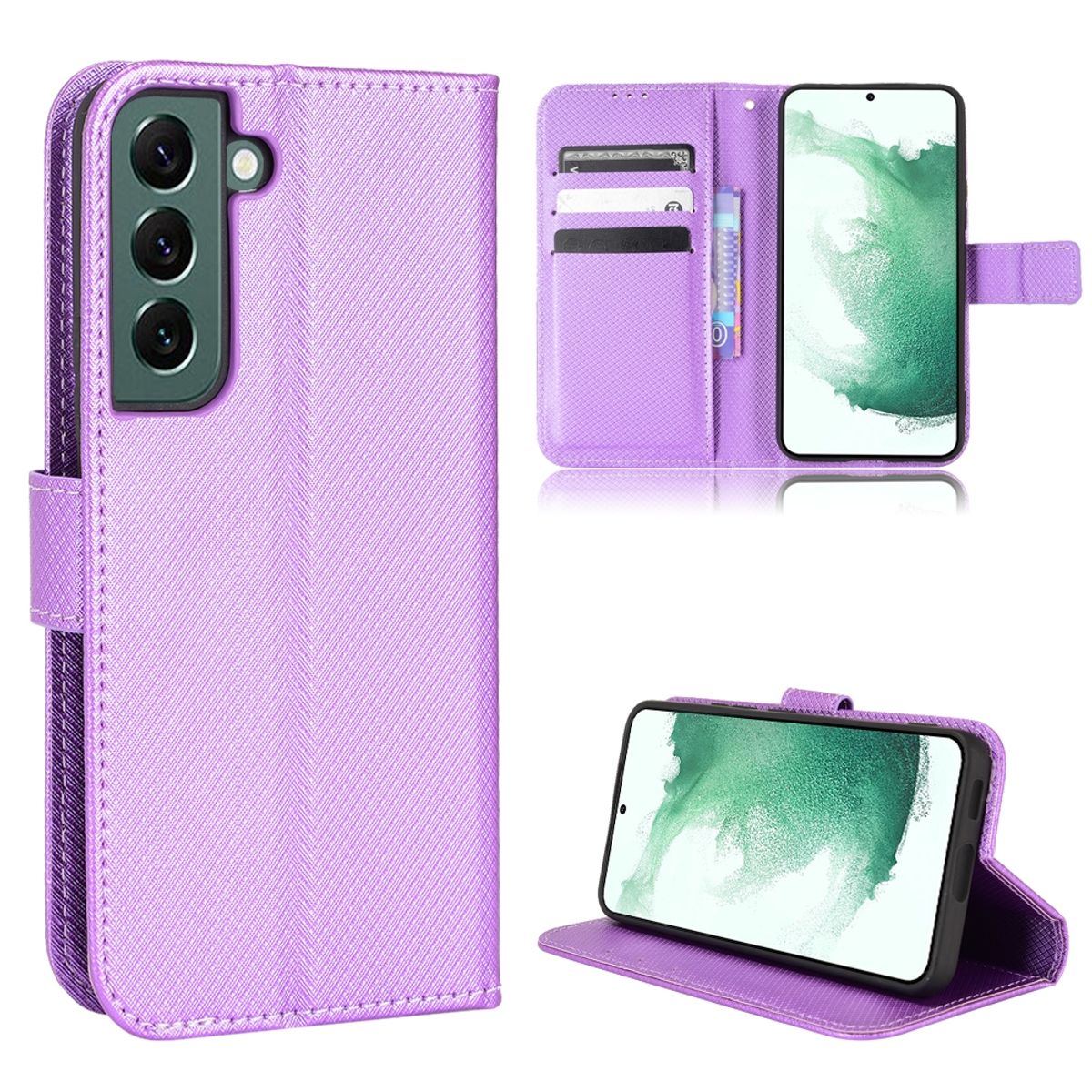 Lila Handyhülle offen mit Telefon und Karten. Das Telefon zeigt einen Bildschirm.