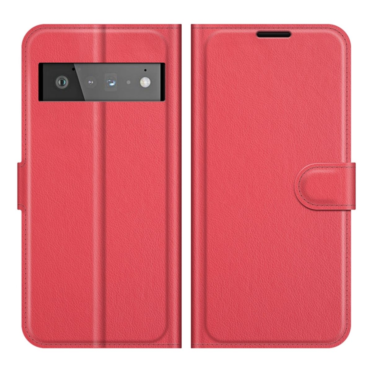 Rote Handyhülle, geschlossen und geöffnet, mit dem Telefon darin.