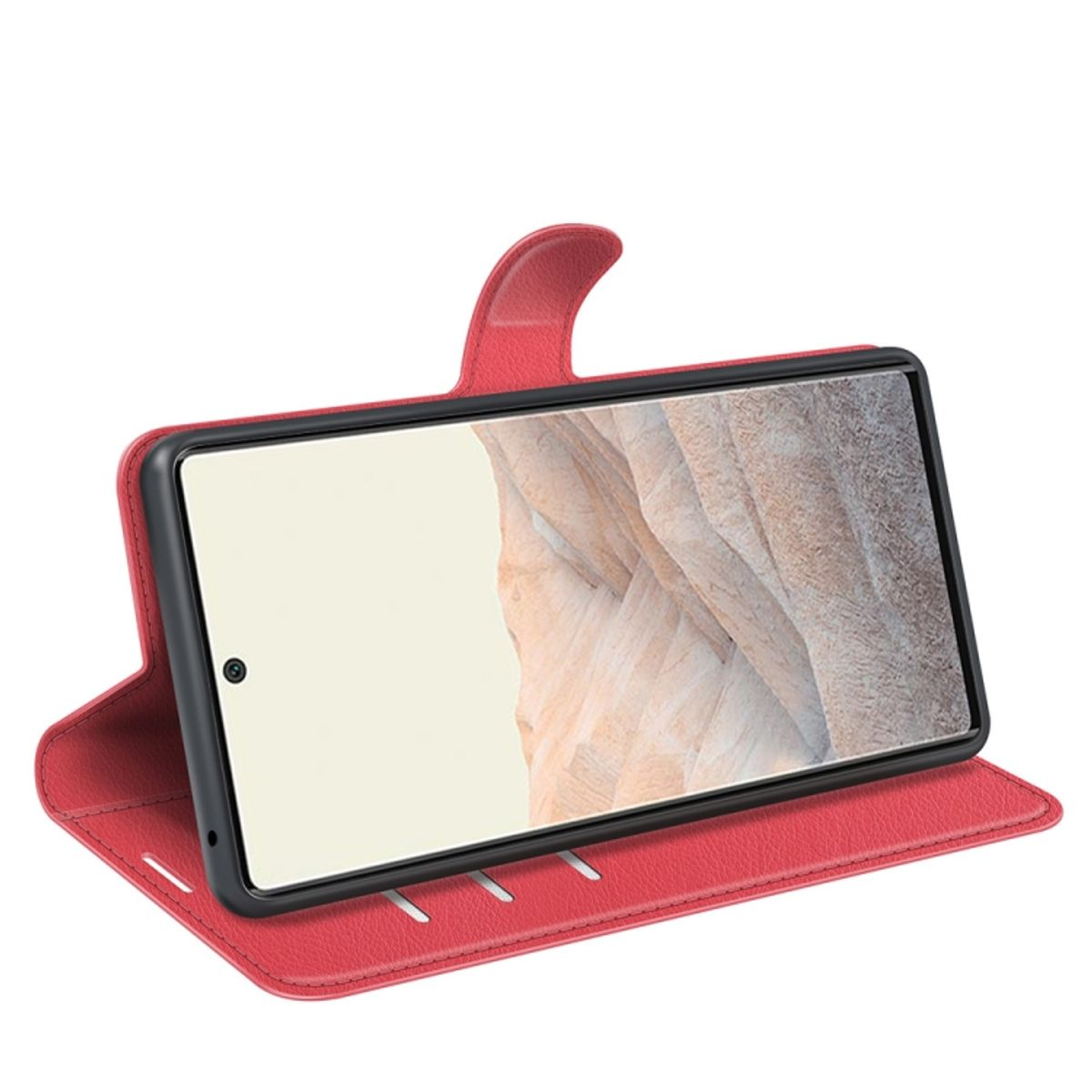 Eine rote Handyhülle ist geöffnet, mit einem Telefon darin.