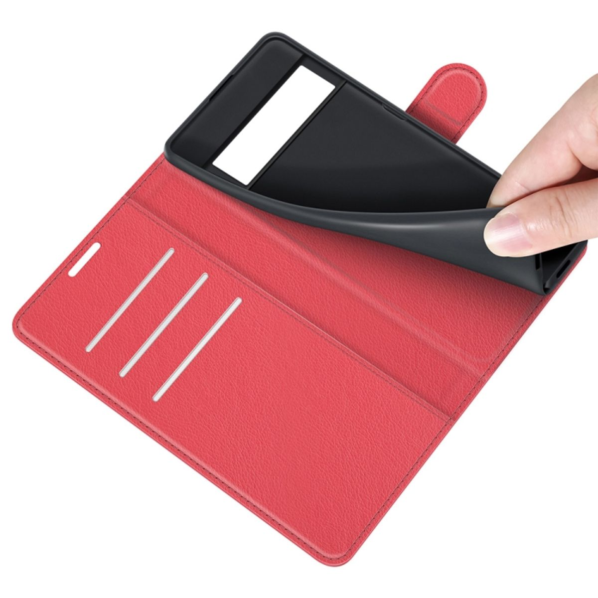 Rote Handyhülle offen, mit Telefon, das ein rotes Innere mit Kartenfächern und einen weißen Hintergrund zeigt.