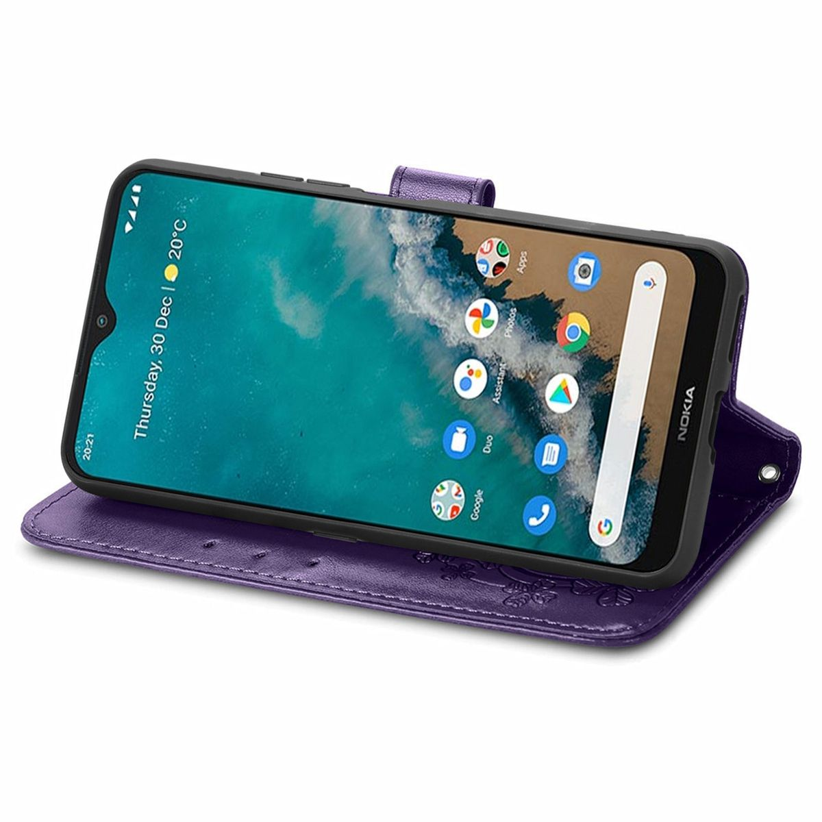 Lila Handyhülle offen, ein Telefon liegt darin, das Datum anzeigt. Auf dem Telefonbildschirm: Apps, Fotos usw.