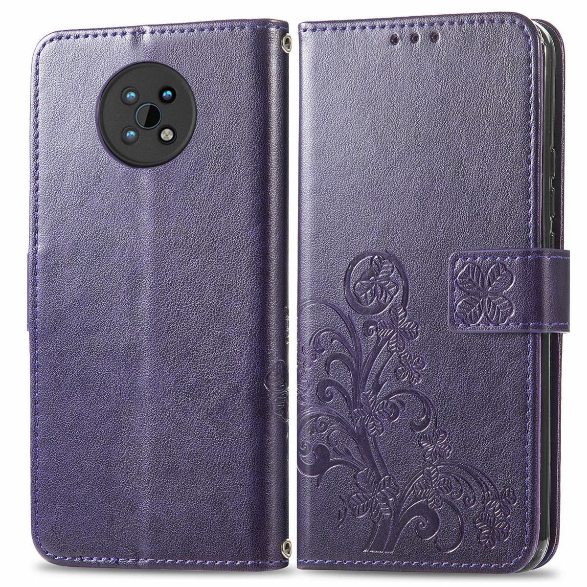 Lila Handyhülle mit geprägtem Blumendesign und Kameraausschnitt.