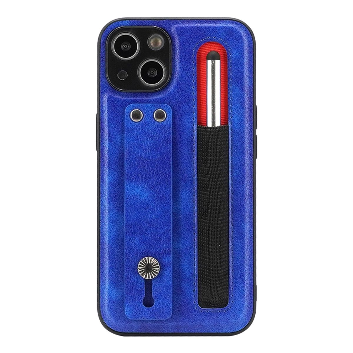 Blaue Handyhülle mit Halterung für einen Stift. Ein schwarzer Riemen hält das Telefon.
