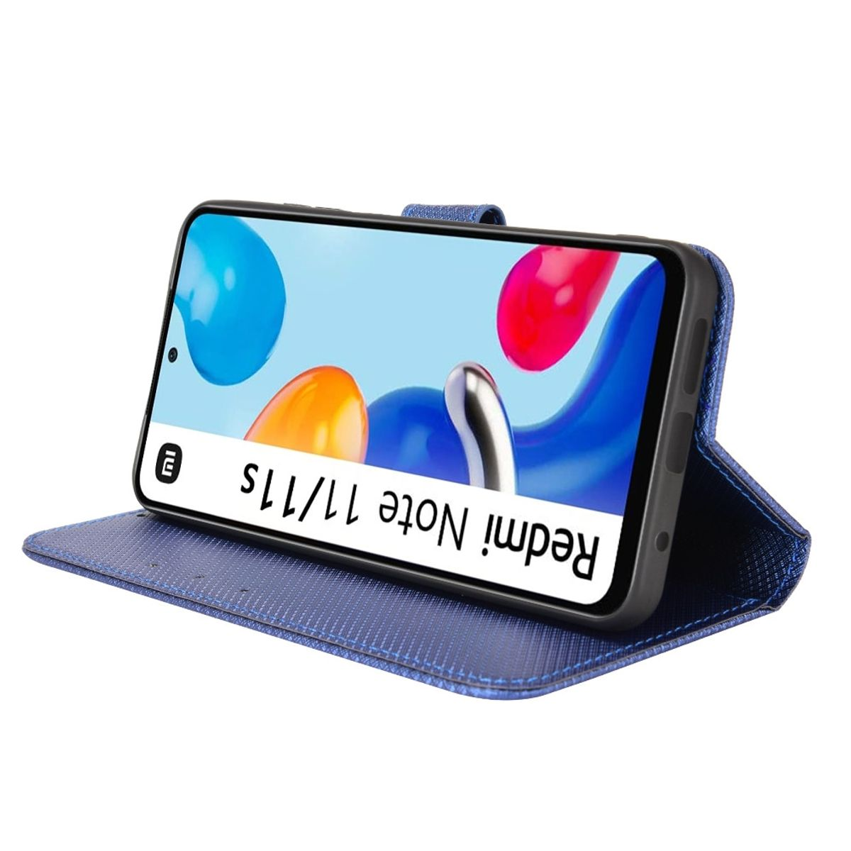 Blaue Handyhülle mit Telefon, das eine bunte Anzeige zeigt.
