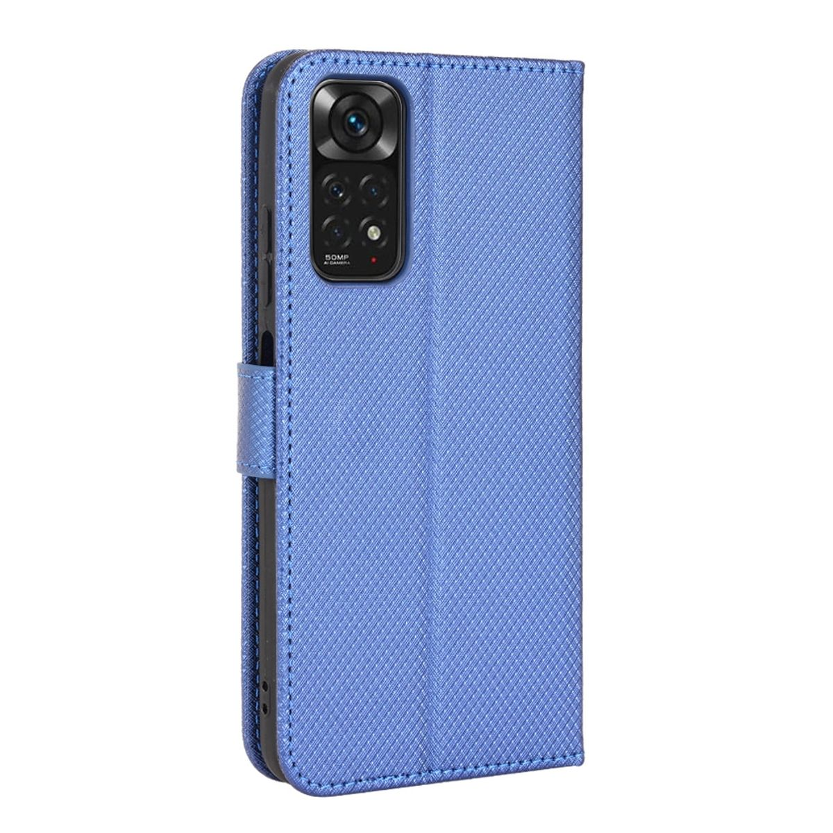 Blaue Brieftaschen-Handyhülle offen, zeigt das Telefon. Die Hülle hat ein strukturiertes Muster.