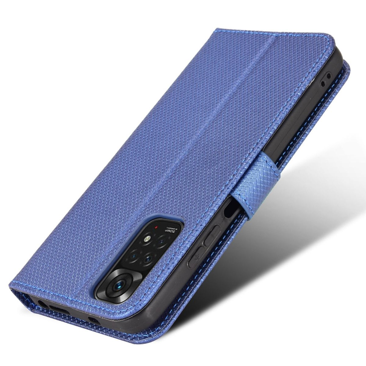 Blaue Handyhülle mit einem Telefon im Inneren. Die Hülle ist mit einem Riemen geschlossen.