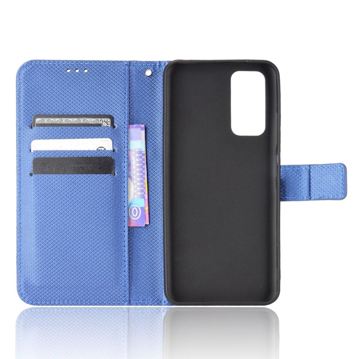 Blaue Handyhülle offen, Karten und Geld darin. Auch ein schwarzes Telefon sichtbar.