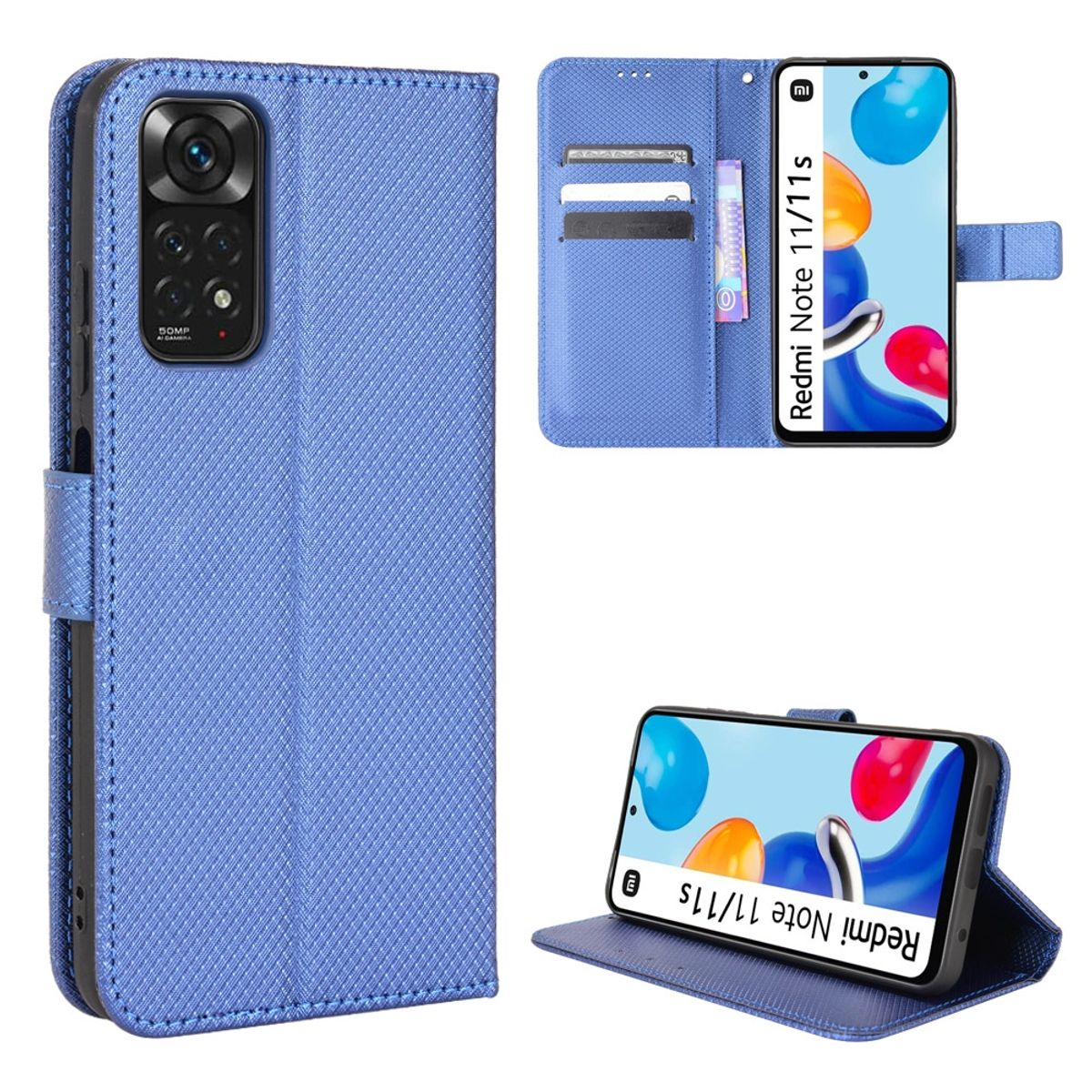 Eine blaue Handyhülle offen, mit einem Telefon darin. Der Telefonbildschirm zeigt ein Bild. Es gibt Kreditkartenfächer.