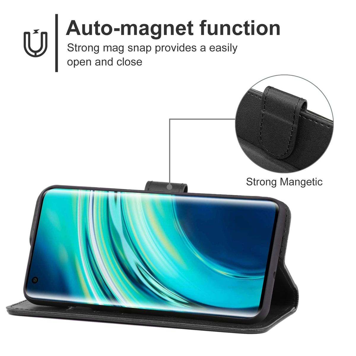 Eine schwarze Handyhülle mit Telefon. Die Hülle ist geöffnet und hat eine Magnetfunktion.