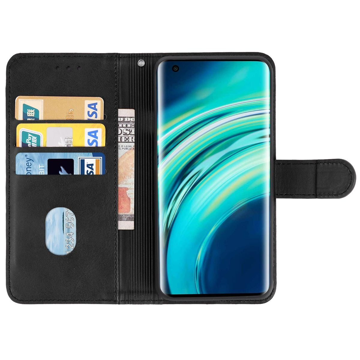 Geöffnete schwarze Handyhülle mit Telefon. Die Hülle hat Kartenfächer mit Karten und Geld.