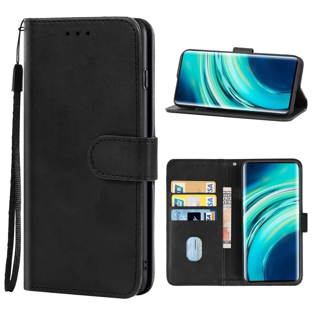 Eine schwarze Handyhülle mit einem Telefon darin. Es gibt Karten in der Hülle. Die Handyhülle ist offen.