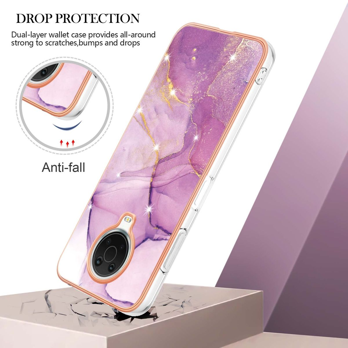 Handyhülle mit Marmordesign. Die Hülle ist abgewinkelt und zeigt Telefon und Schutzschichten.