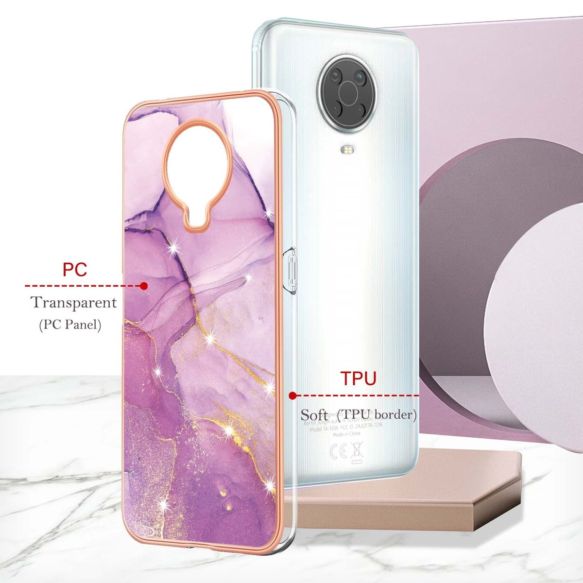 Eine Handyhülle mit Marmordesign. Es hat eine transparente PC-Platte und einen weichen TPU-Rand.