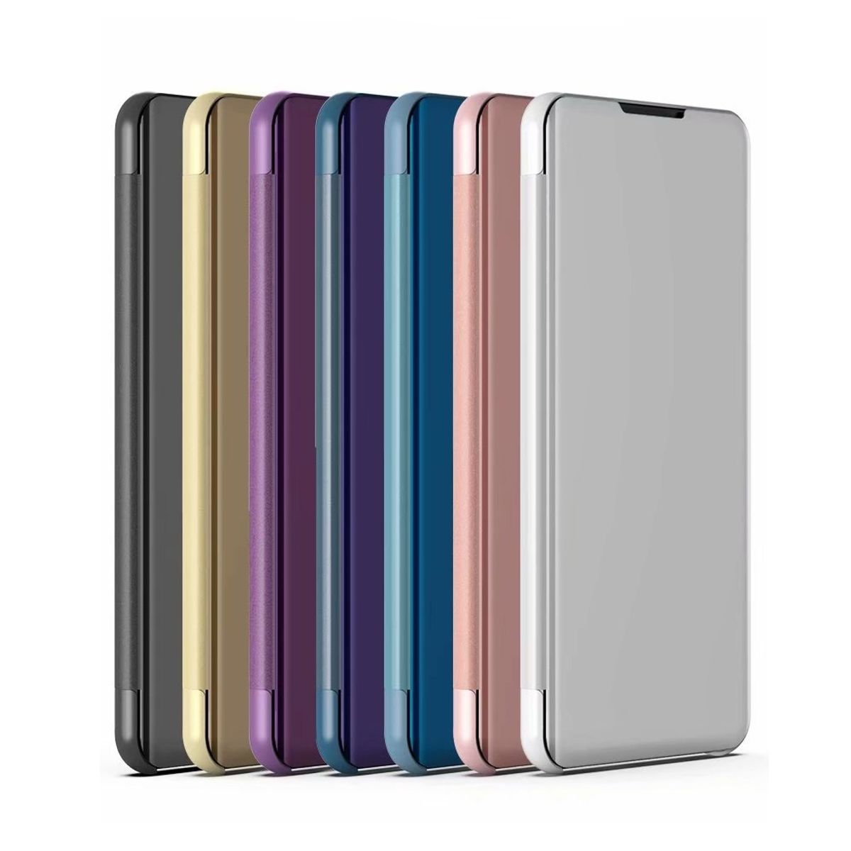 Sieben farbige Handyhüllen in einer Reihe, von schwarz, gold, lila, blau, roségold und silber. Alle sind geschlossen.
