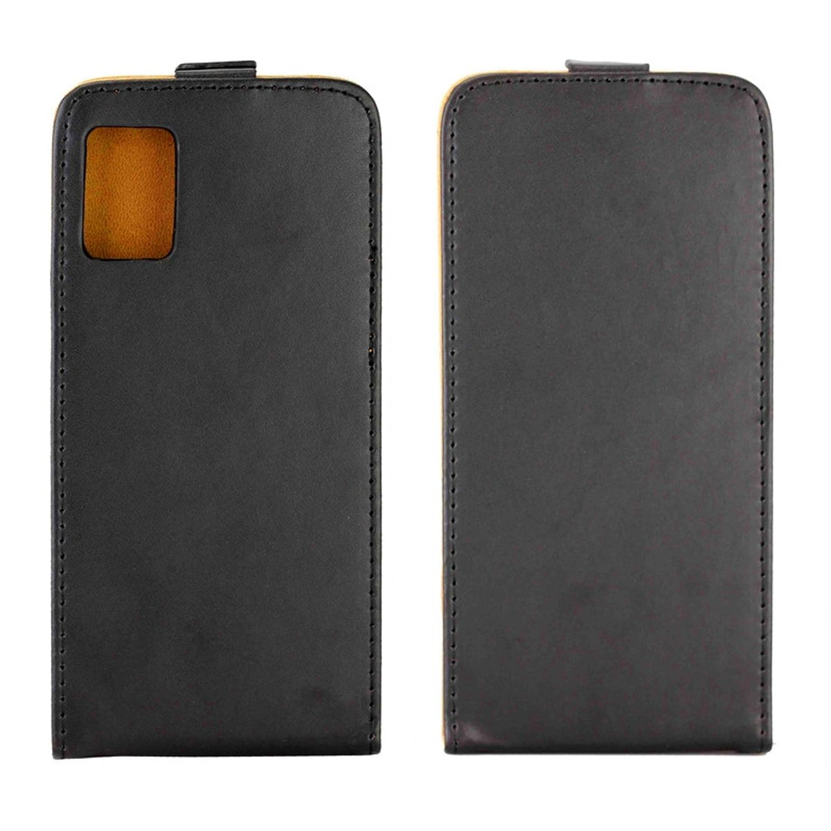 Zwei Leder-Handyhälften. Eine ist offen mit gelbem Innenraum, die andere ist geschlossen mit schlichtem schwarzem Finish.