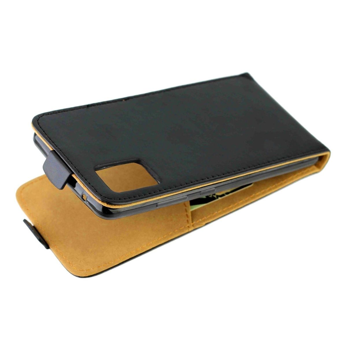 Schwarze Handyhülle offen. Innen gold mit Kartenfach. Telefon wird in der Hülle gehalten.
