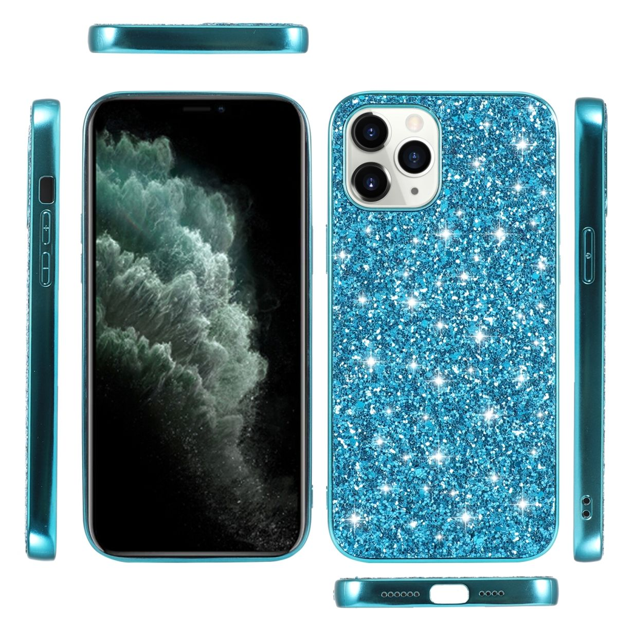 Eine Handyhülle mit blauem Glitzerdesign, das einen schwarzen Bildschirm umgibt.