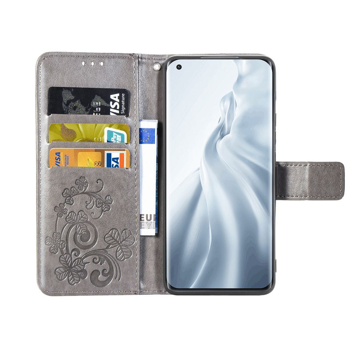 Graue Handyhülle offen, mit Telefon. Kartenfächer links, Blumendesign links.