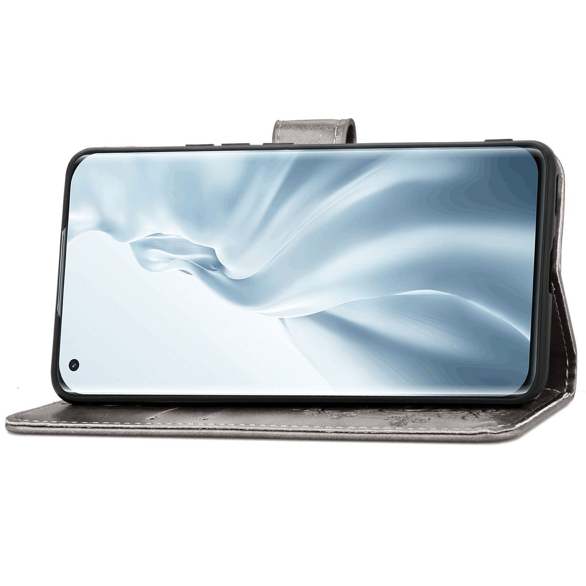 Handyhülle mit Telefon darin. Die Hülle ist grau und das Telefon ist schwarz. Der Bildschirm ist eingeschaltet.