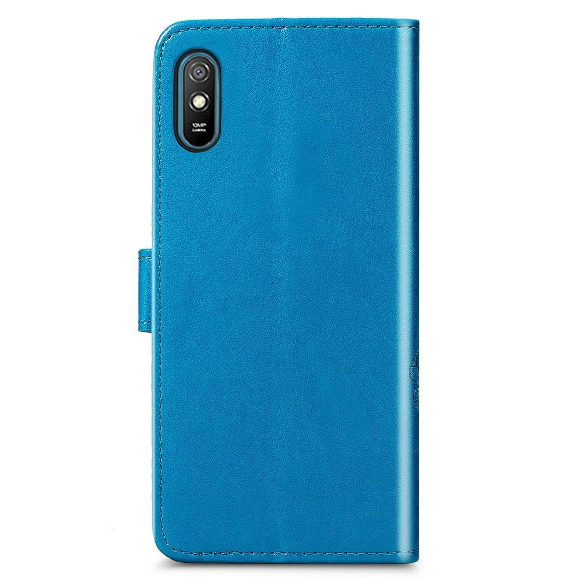 Blaue Handyhülle mit Telefon. Die Kamera ist sichtbar. Der Hintergrund ist weiß.