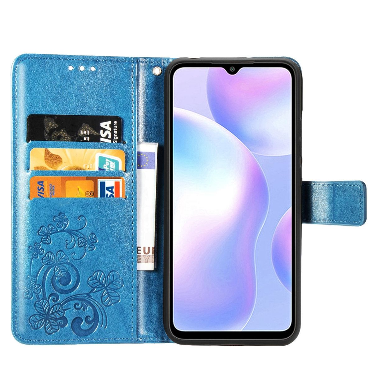 Blaue Handyhülle, offen. Karten und Geld innen. Telefon sichtbar. Weißer Hintergrund, Blumendesign.