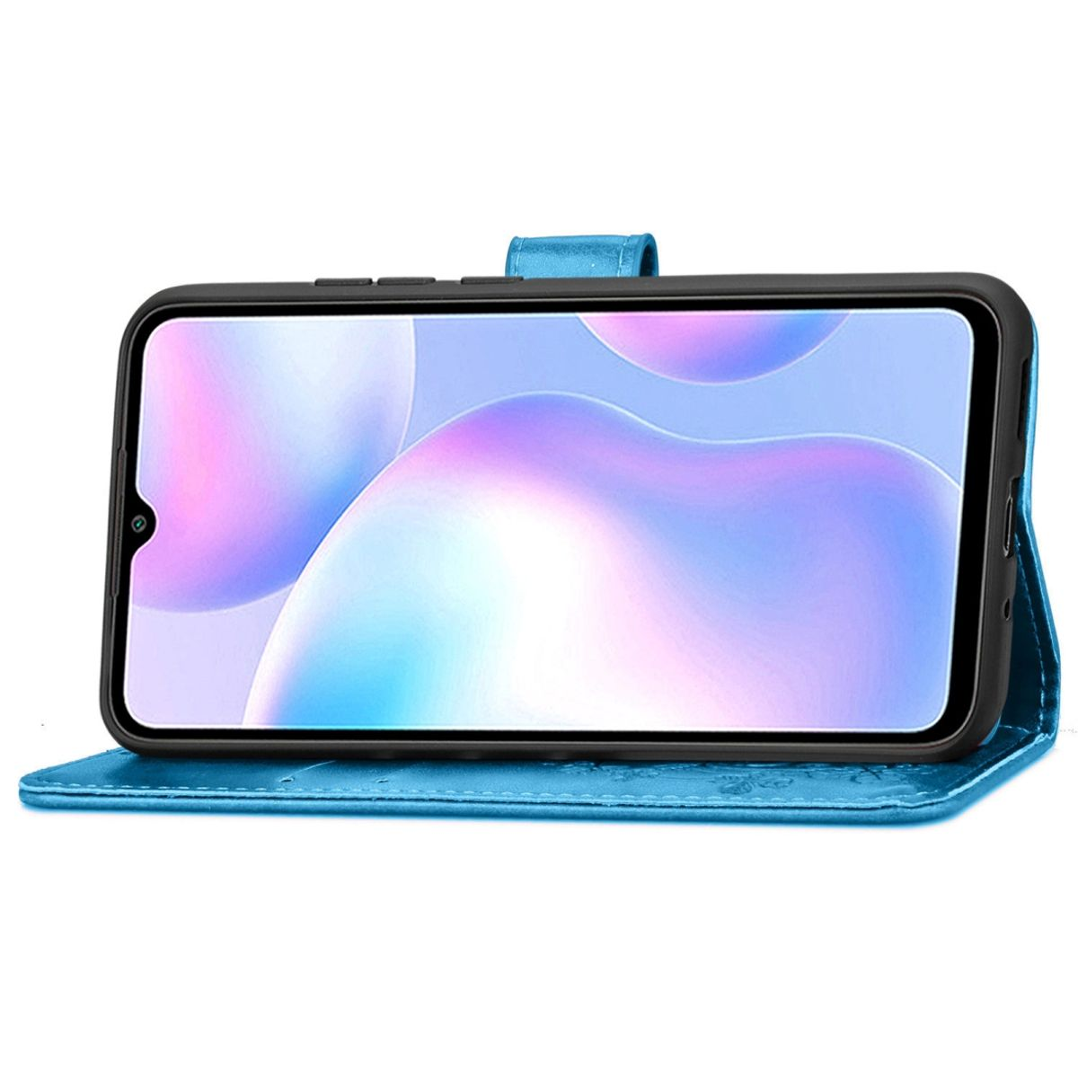 Blaue Handyhülle geöffnet. Telefonbildschirm an, zeigt farbenfrohe abstrakte Kunst. Hülle ist offen.