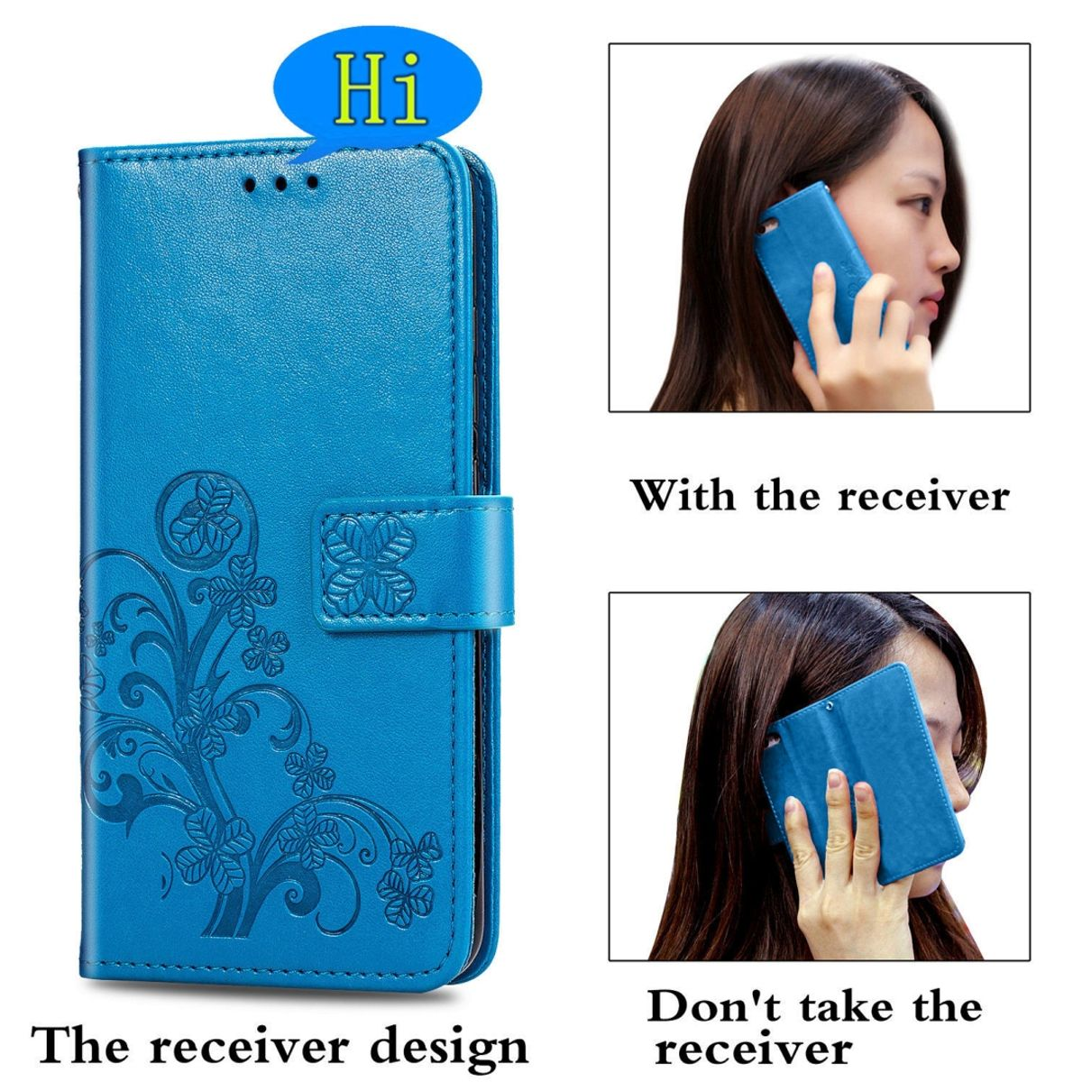 Blaue Handyhülle mit Telefon. Zeigt Design des Empfängers und die Verwendung.