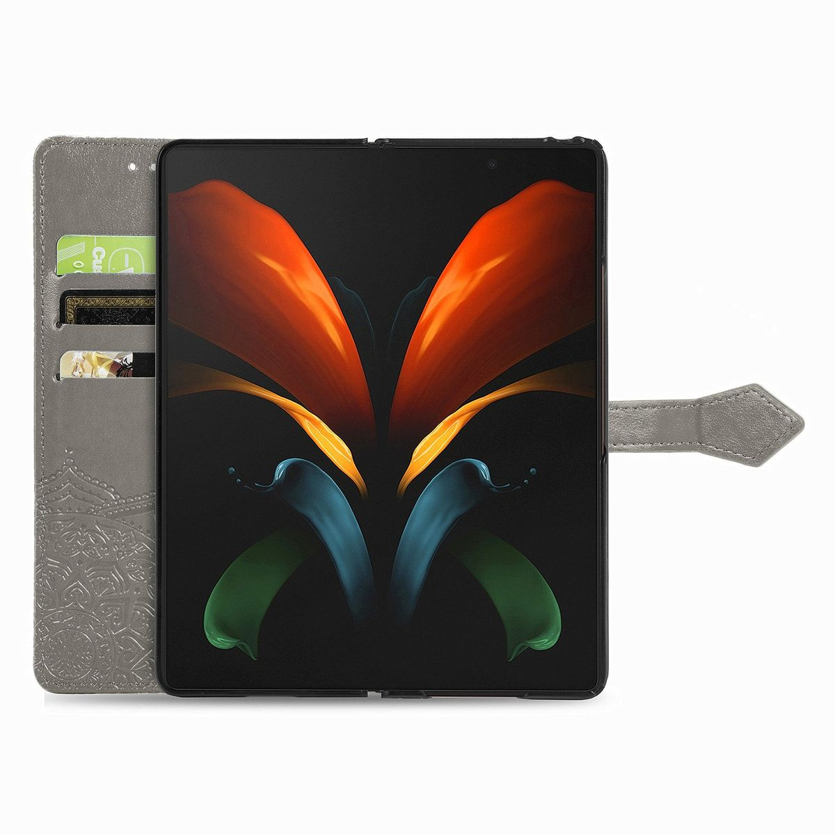 Tablet-Hülle mit floralem Muster. Der Bildschirm zeigt ein abstraktes Bild in Orange und Blau.