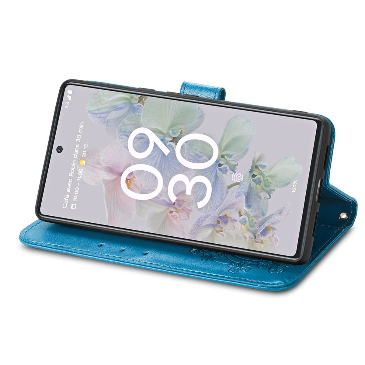 Blaue Handyhülle mit Telefon. Das Telefon ist in seiner offenen blauen Hülle, mit Blumendesign.