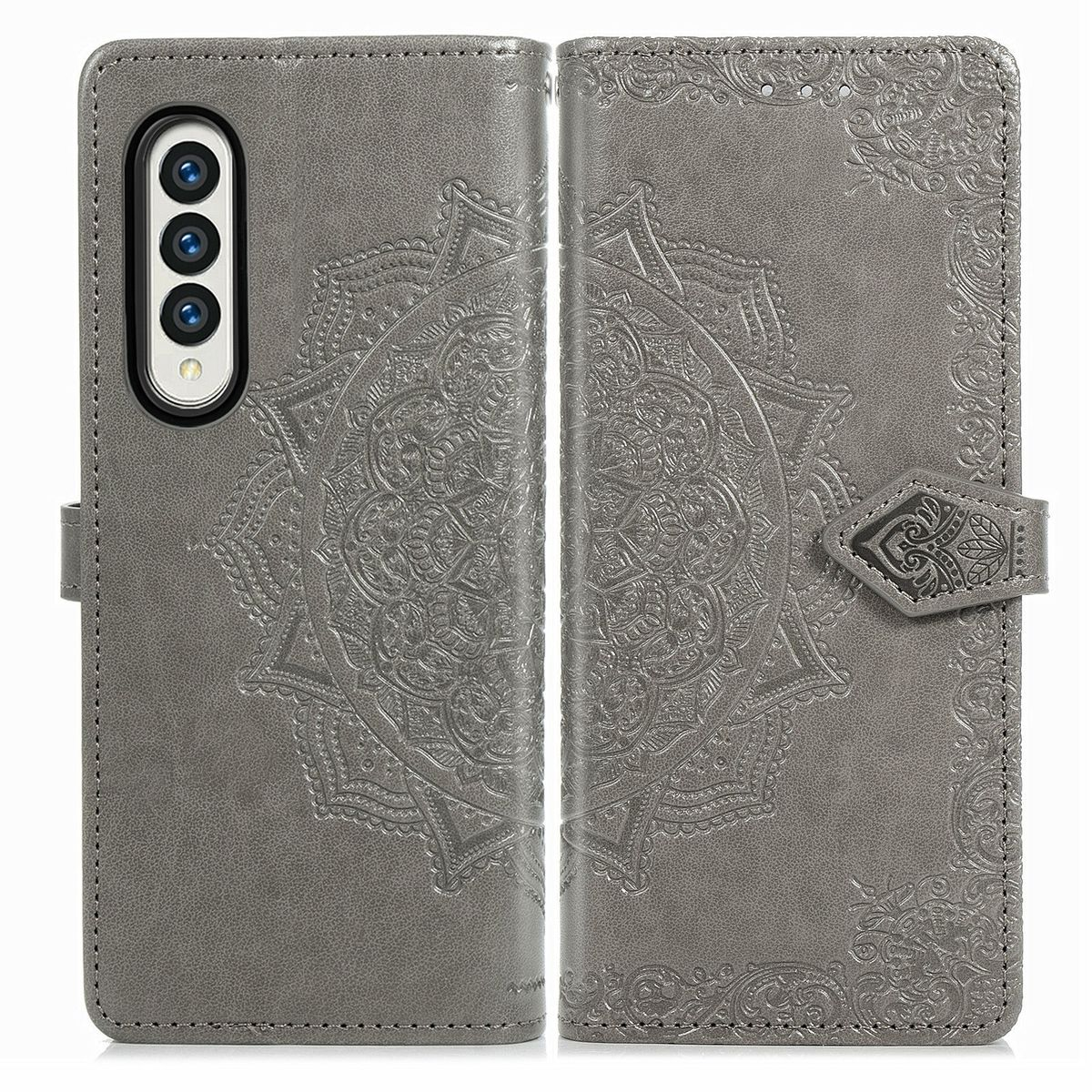 Graue Handyhülle offen, mit geprägtem Mandala-Design. Telefon innen. Weißer Hintergrund.