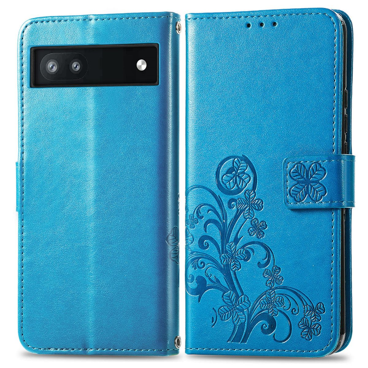 Blaue Handyhülle mit Blumenmuster auf der rechten Seite und einem Kameraausschnitt links.