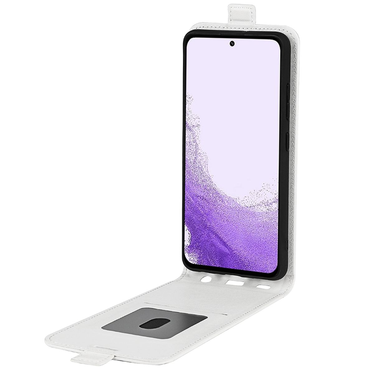 Weiße Handyhülle mit Telefon, das den Bildschirm mit weißem Hintergrund zeigt.