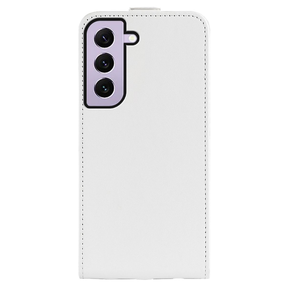 Weiße Handyhülle, geschlossen. Telefonkamera sichtbar. Die Hülle ist weiß und hat eine strukturierte Oberfläche.