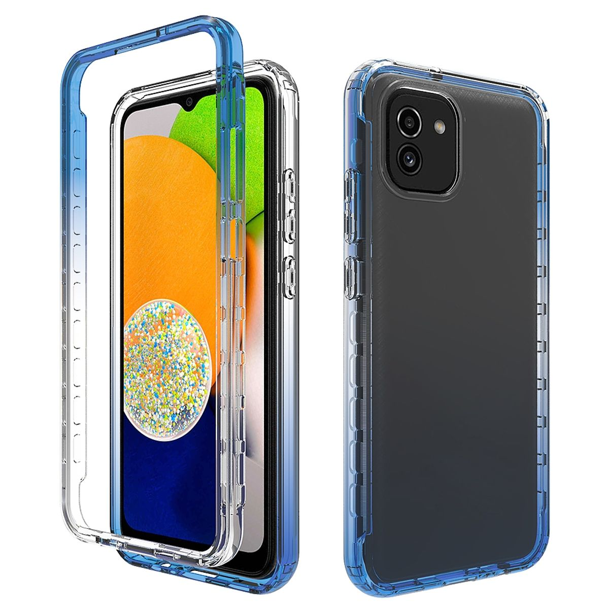 Handyhülle, mit dem Telefon darin. Die Hülle ist blau und durchsichtig. Das Telefon hat eine blaue und gelbe UI.