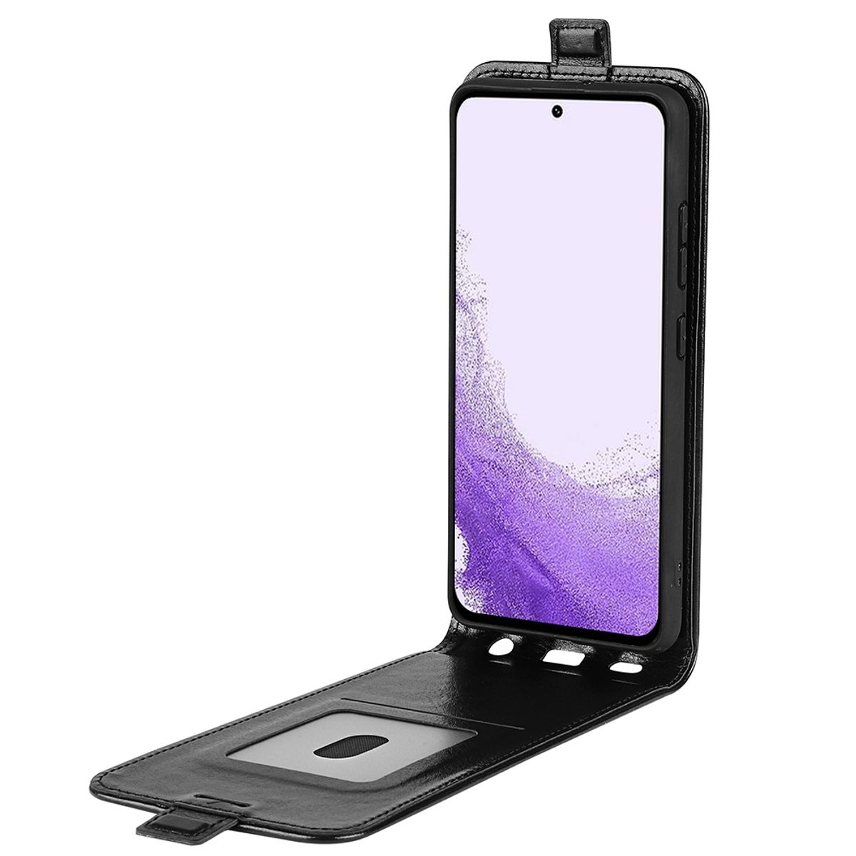 Schwarze Handyhülle, offen, hält ein Telefon mit hellviolettem Bildschirm, weißer Hintergrund.