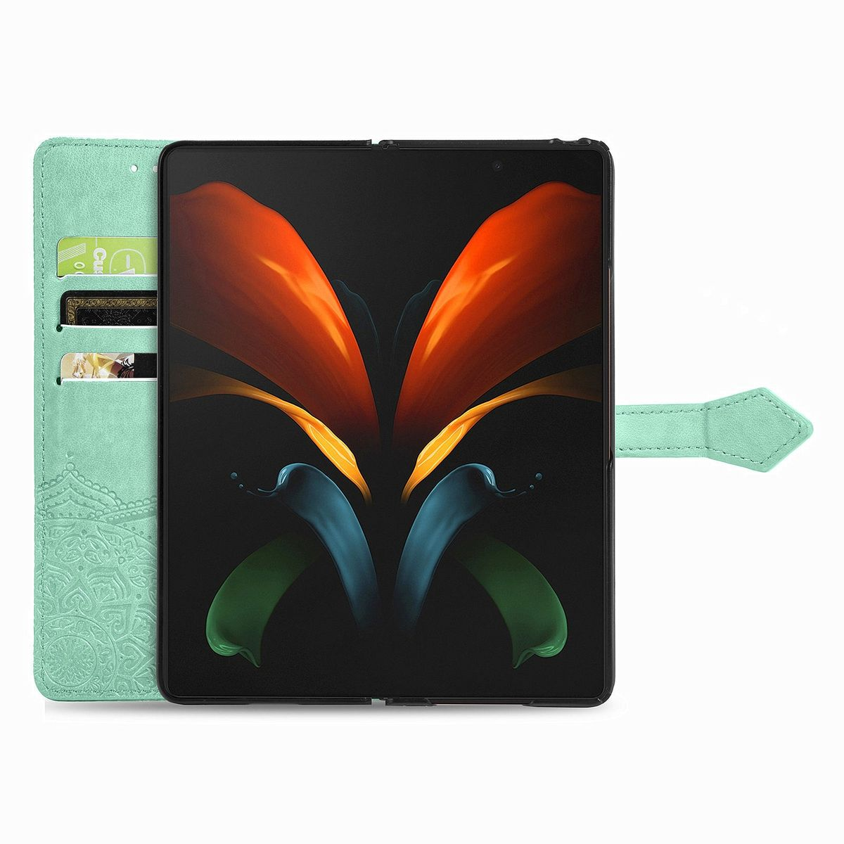 Faltbares Telefon in einer grünen Hülle. Der Bildschirm zeigt ein farbenfrohes Design. Hülle hat Kartenfächer.