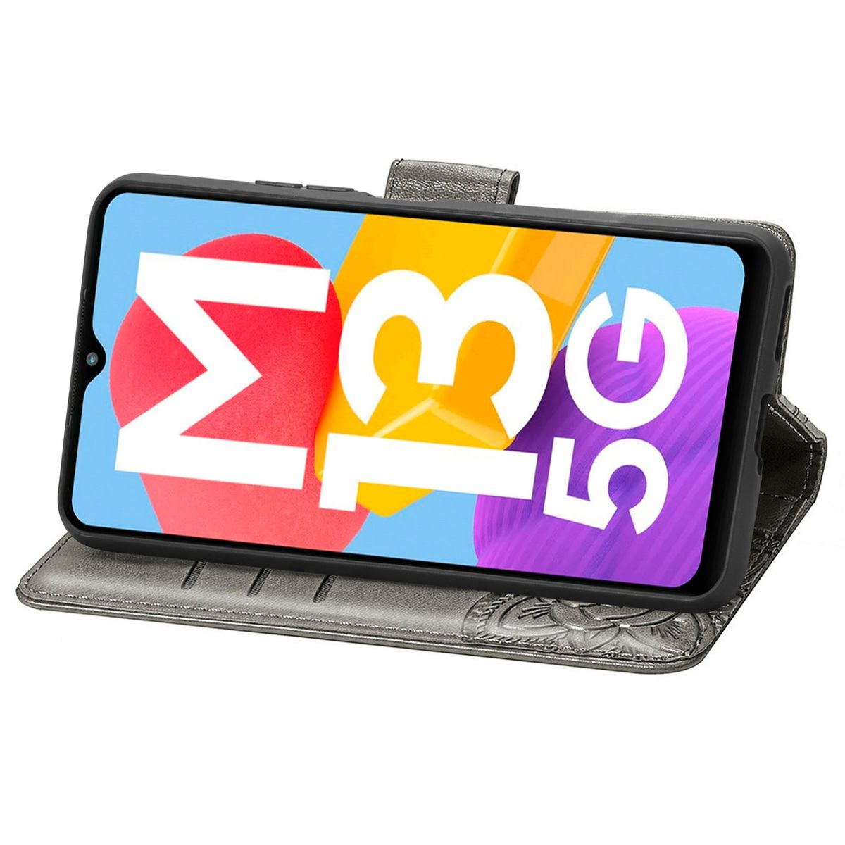 Ein Telefon in einer grauen Brieftaschenhülle. Das Display zeigt ein M13 5G-Logo auf farbenfrohem Hintergrund. Die Hülle ist offen.