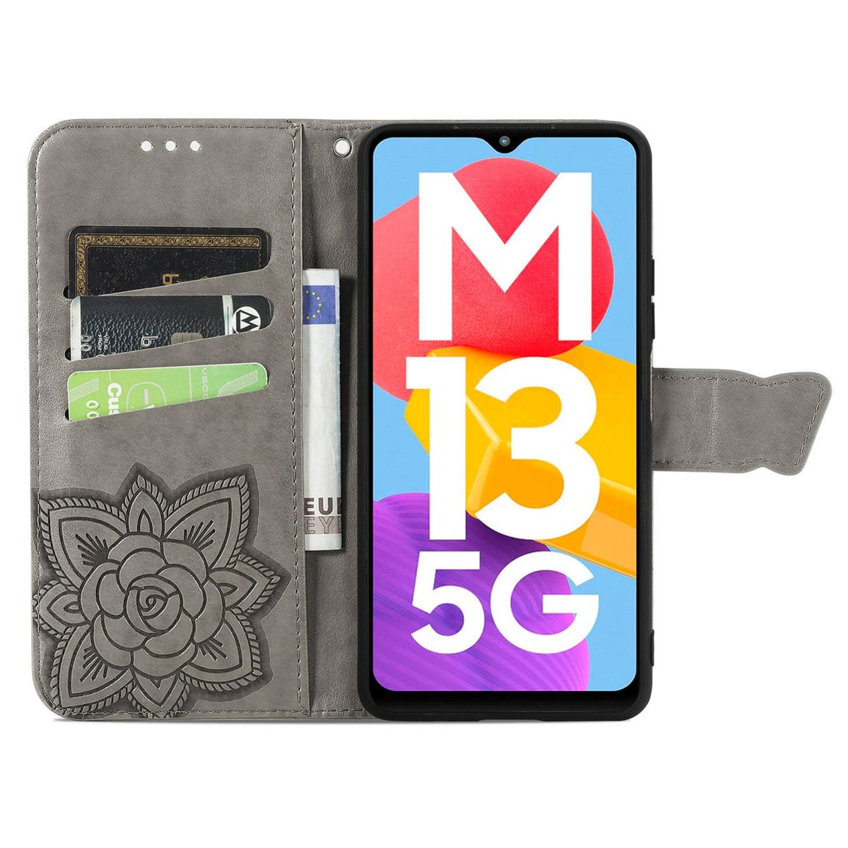 Graue Handyhülle mit Kartenfächern, Blumendesign und einem Telefon, das einen M13 5G-Bildschirm zeigt. Offen.