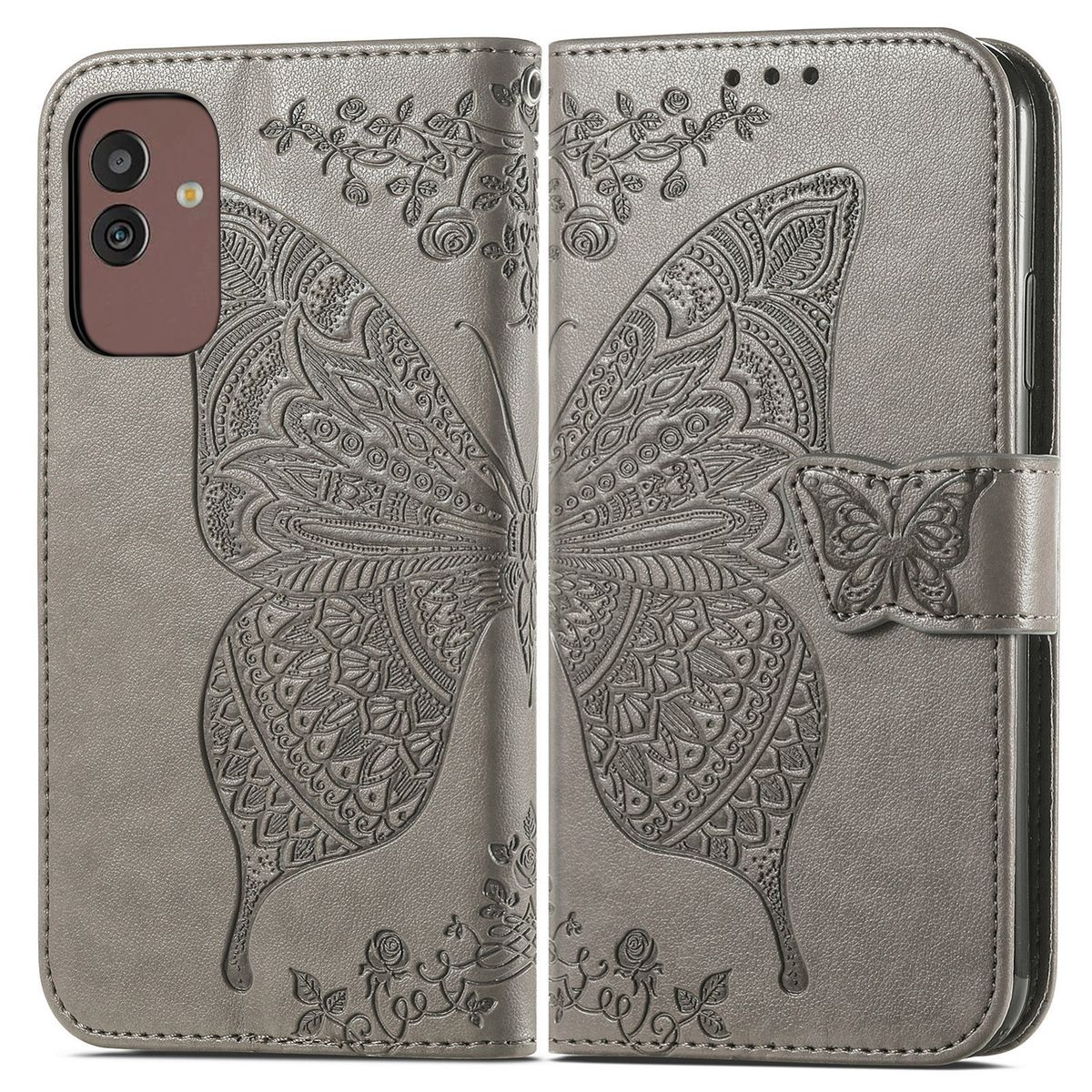 Geöffnete graue Handyhülle mit Schmetterlingsdesign. Blumendesigns um den Schmetterling herum.