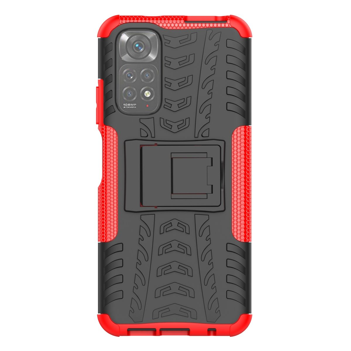 Schwarze und rote Handyhülle, robustes Design, mit Ständer. Rückansicht.