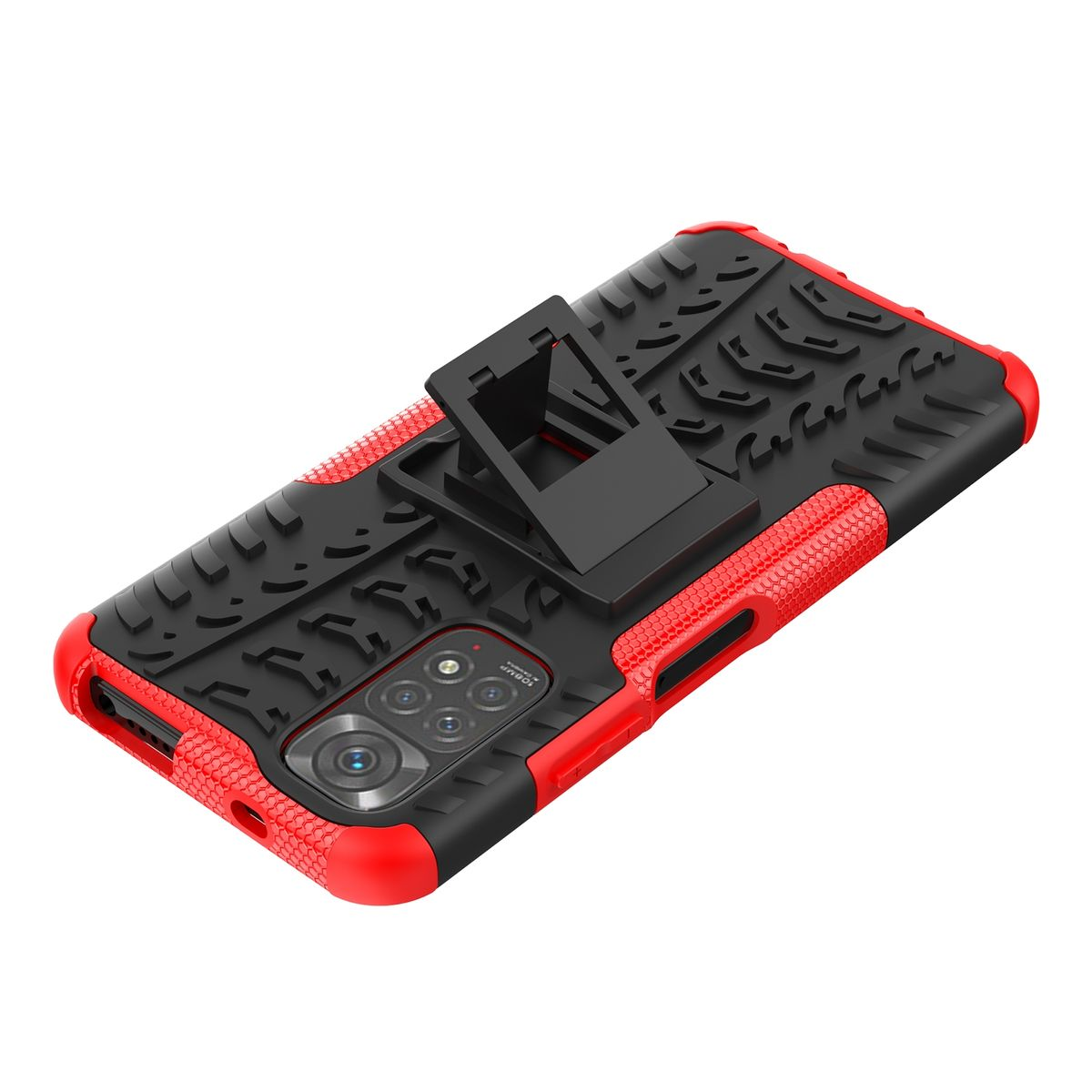 Rot-schwarze Handyhülle. Sie hat ein robustes Design und einen Ständer. Das Telefon ist nicht sichtbar.