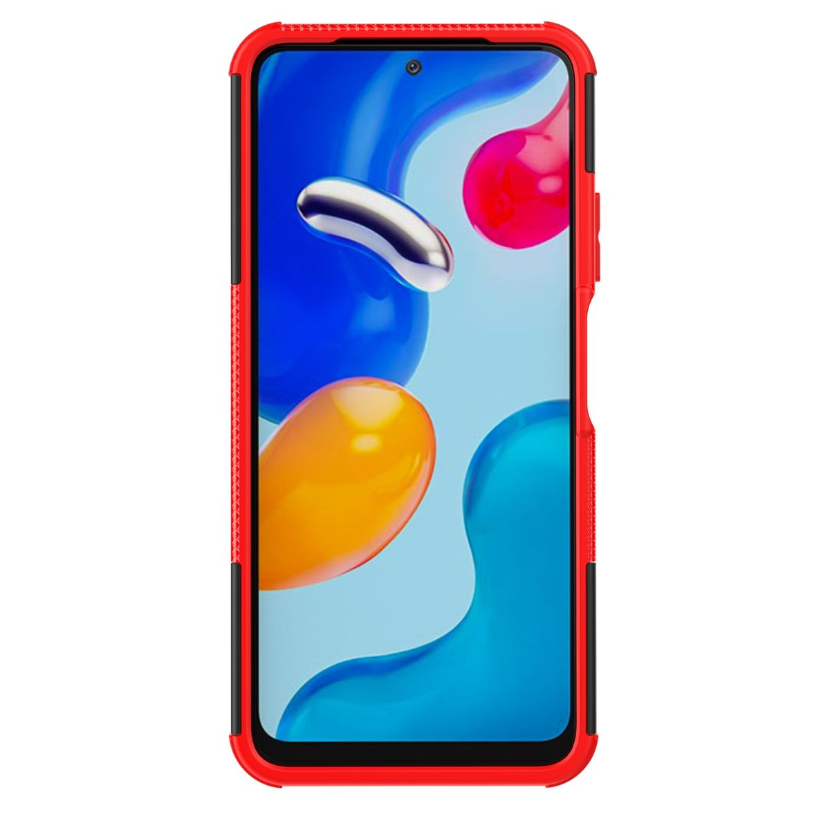 Rote und schwarze Handyhülle. Die Handyhülle befindet sich auf einem Telefon mit einem Bildschirm, der abstrakte Formen anzeigt.