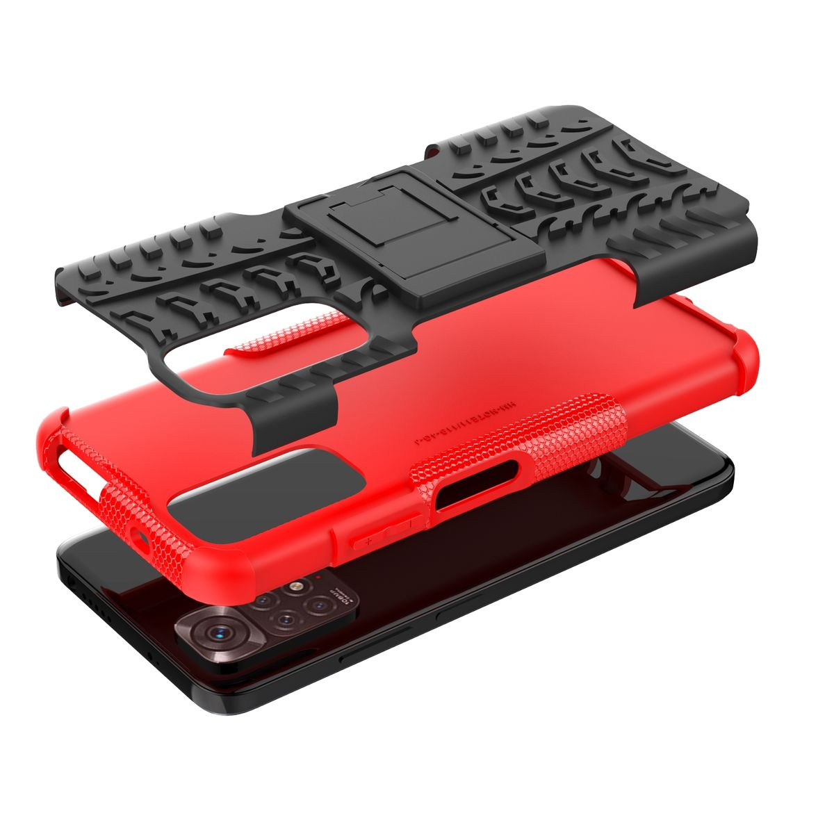 Rote und schwarze Handyhülle zerlegt, mit Telefon und Ständer. Weißer Hintergrund.