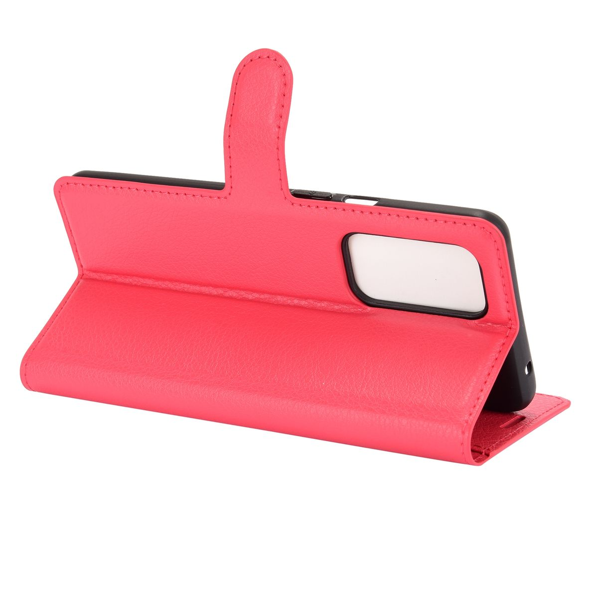 Rosa Handy-Brieftaschenhülle offen, mit einem Telefon in einem Winkel.