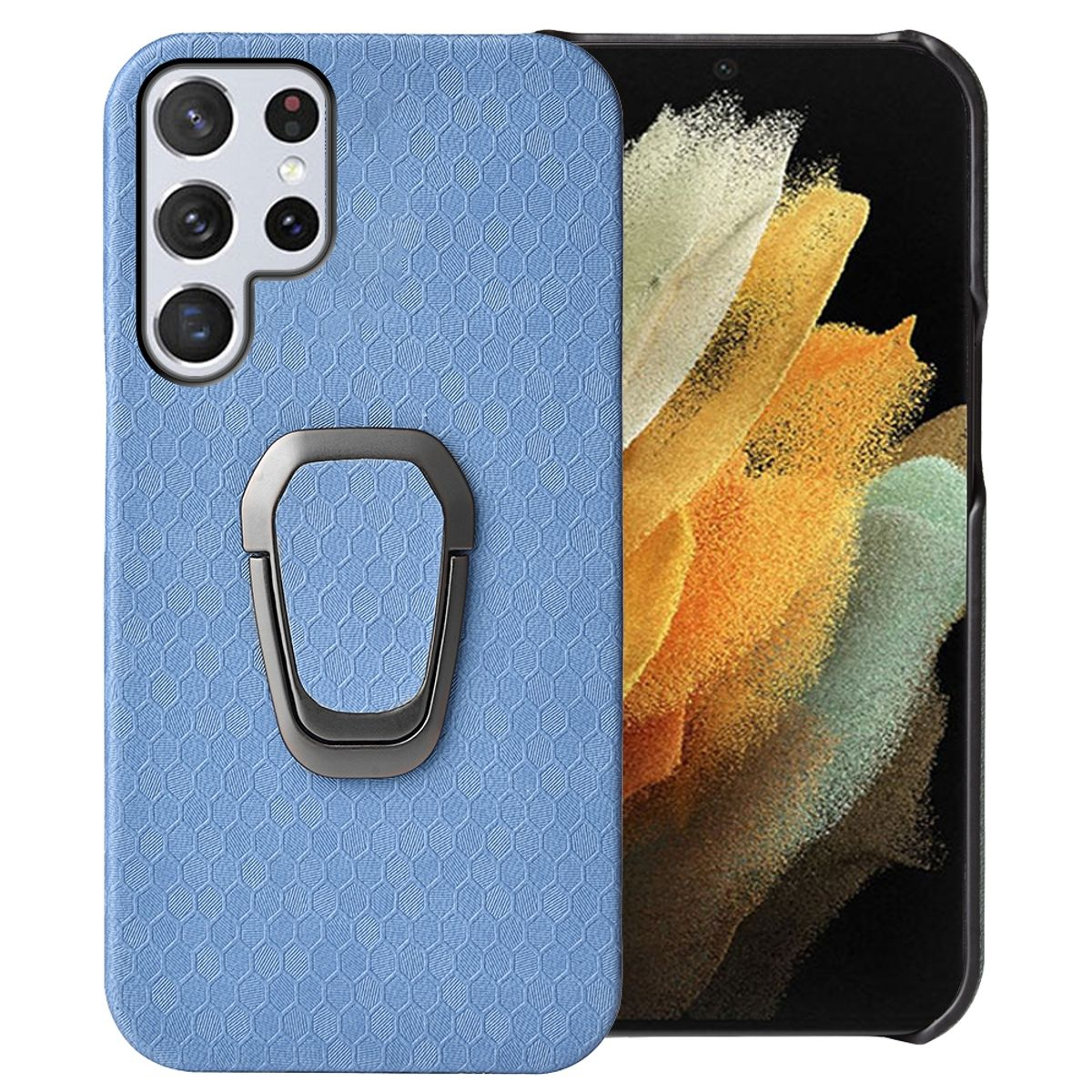 Blaue Handyhülle mit Ringhalter. Die Hülle befindet sich auf einem Telefon mit mehreren Kameras.