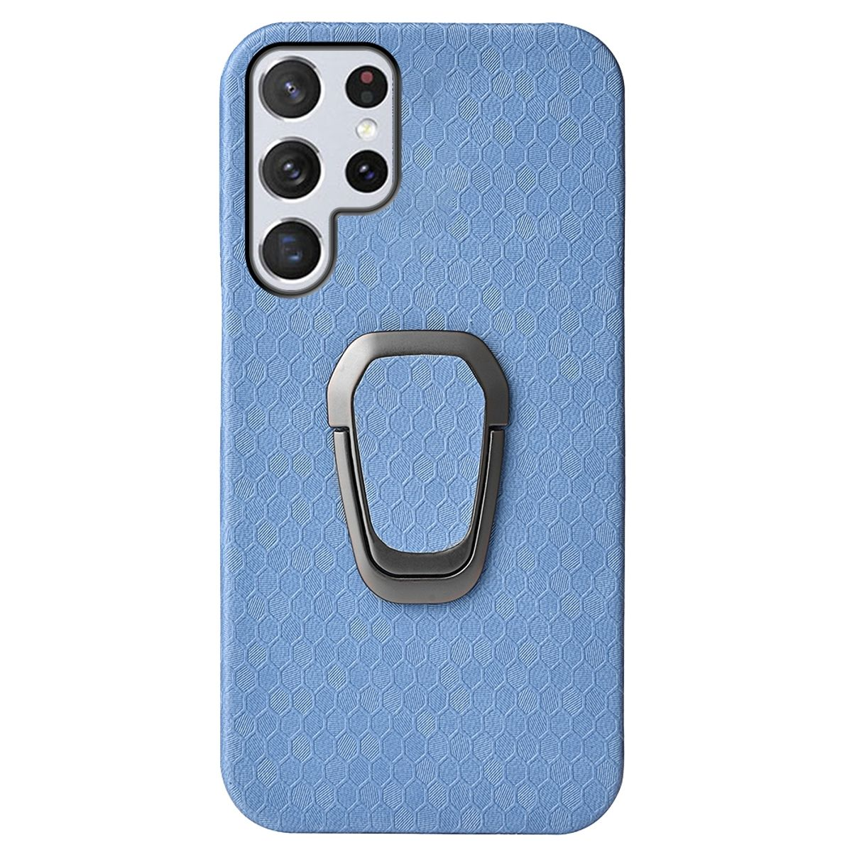 Blaue Handyhülle mit Telefon. Das Gehäuse hat einen Ringhalter.