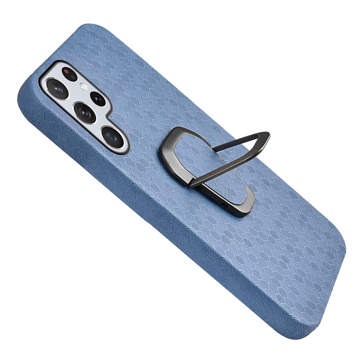 Blaue Handyhülle mit silbernem Ringhalter. Das Case hat ein strukturiertes Design.